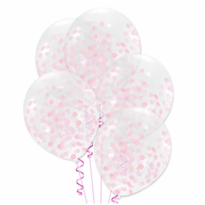 Set baloane transparente cu confetti roz, PARTYPAL, 30 cm, 5 buc.
