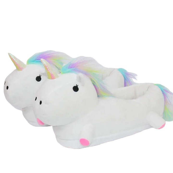 Papuci Onesies cu unicorn, alb, material moale microfibra, One Size INTL