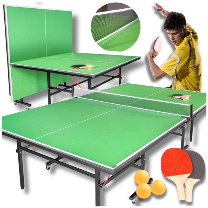 Masa de ping pong Zolta, set complet cu plasa, 2 palete, 3 mingi, verde, 274,5x152,5cm