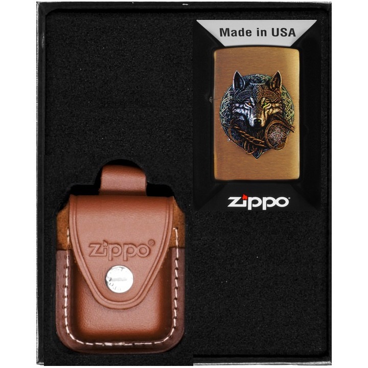 Set Zippo, bricheta originala si etui din piele maro, rezistenta la vant, in cutie de cadou