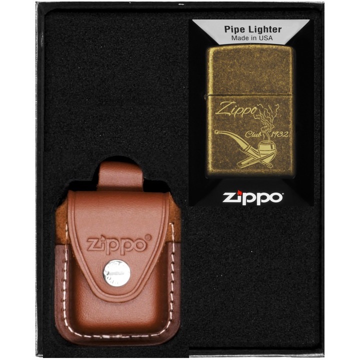 Set Zippo, bricheta originala si etui din piele maro, rezistenta la vant, in cutie de cadou