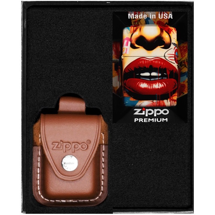 Set Zippo, bricheta originala si etui din piele maro, rezistenta la vant, in cutie de cadou