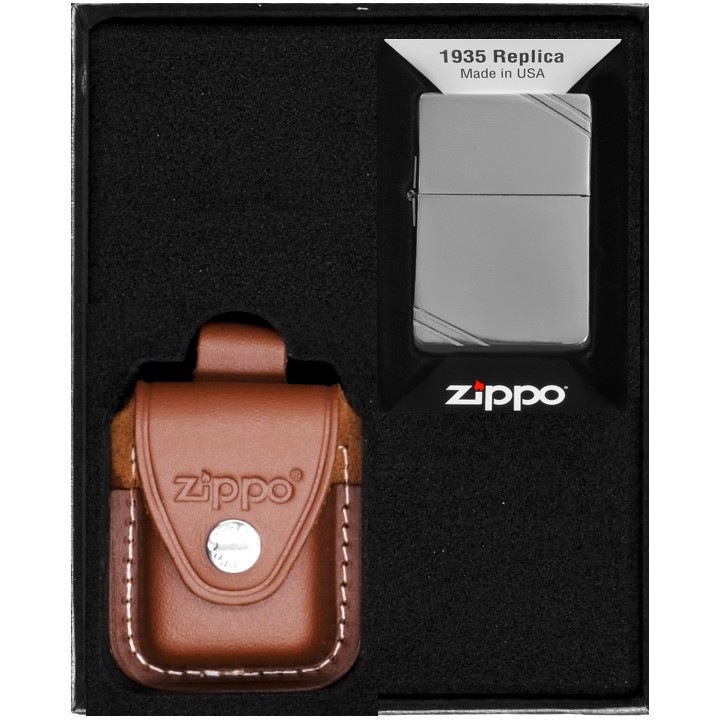 Set Zippo, bricheta originala si etui din piele maro, rezistenta la vant, in cutie de cadou