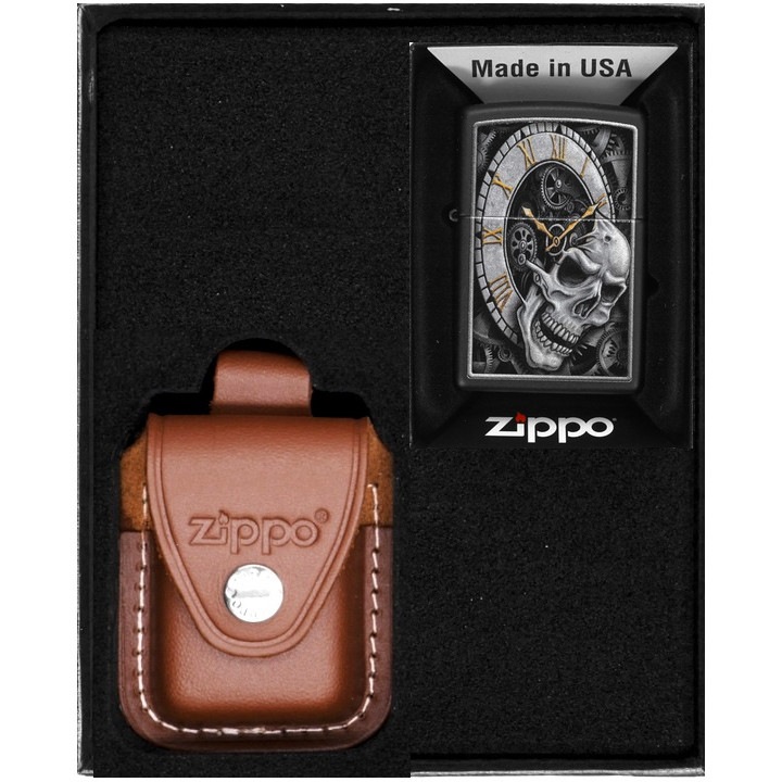 Set Zippo, bricheta originala si etui din piele maro, rezistenta la vant, in cutie de cadou