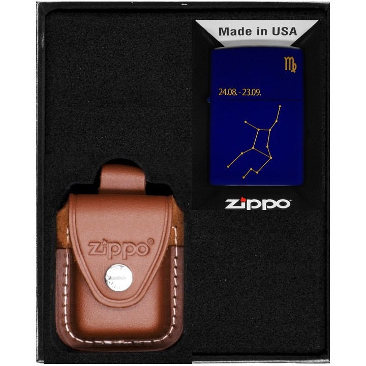 Set Zippo, bricheta originala si etui din piele maro, rezistenta la vant, in cutie de cadou