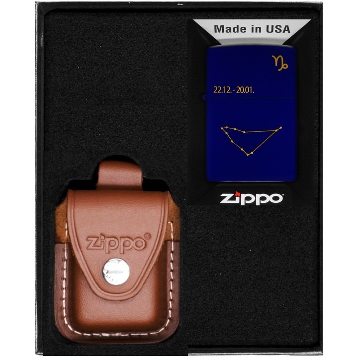 Set Zippo, bricheta originala si etui din piele maro, rezistenta la vant, in cutie de cadou