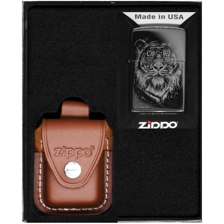 Set Zippo, bricheta originala si etui din piele maro, rezistenta la vant, in cutie de cadou