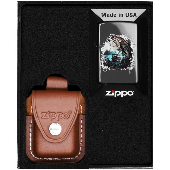 Set Zippo, bricheta originala si etui din piele maro, rezistenta la vant, in cutie de cadou