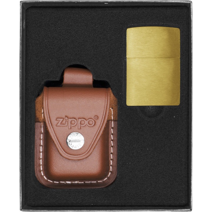 Set brichete Zippo, bricheta originala si etui din piele maro, rezistenta la vant, in cutie de cadou