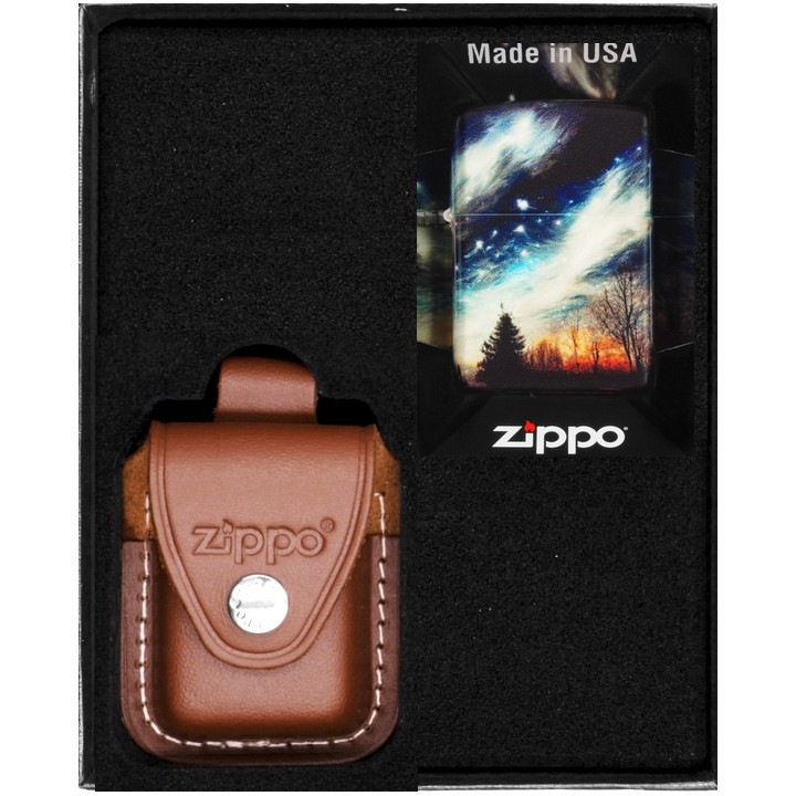Set Zippo, bricheta originala si etui din piele maro, rezistenta la vant, in cutie de cadou