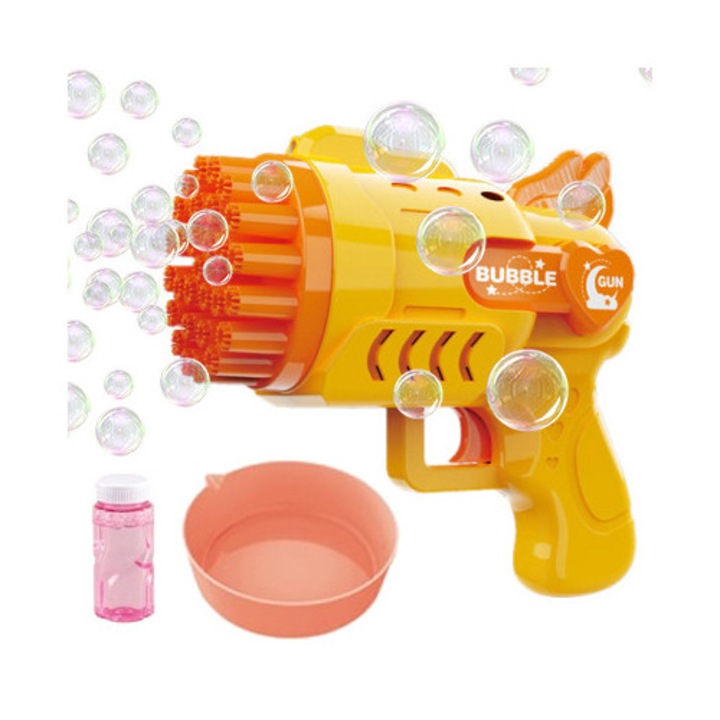 Starky buborékfújó pisztoly, 29 fejjel, narancssárga, 16,5x16x7,5cm, folyadékkal