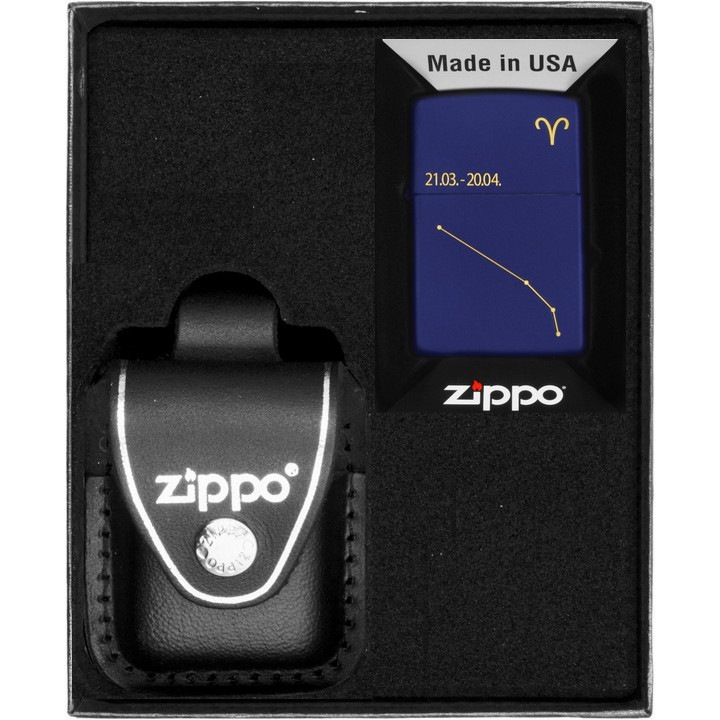 Set Zippo, bricheta si etui din piele naturala, negru, in cutie de cadou