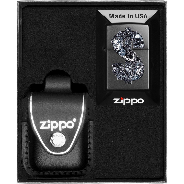 Set Zippo, bricheta si etui din piele naturala, negru, in cutie de cadou