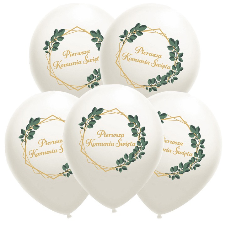 Комплект балони за причастие PartyPro, 12 инча, 5 броя, бял с принт на листа