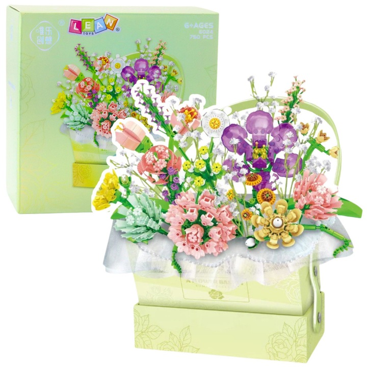Set de constructie LEAN Toys, compozitie florala cu LED, 750 elemente, pastelat, 28x25x21cm