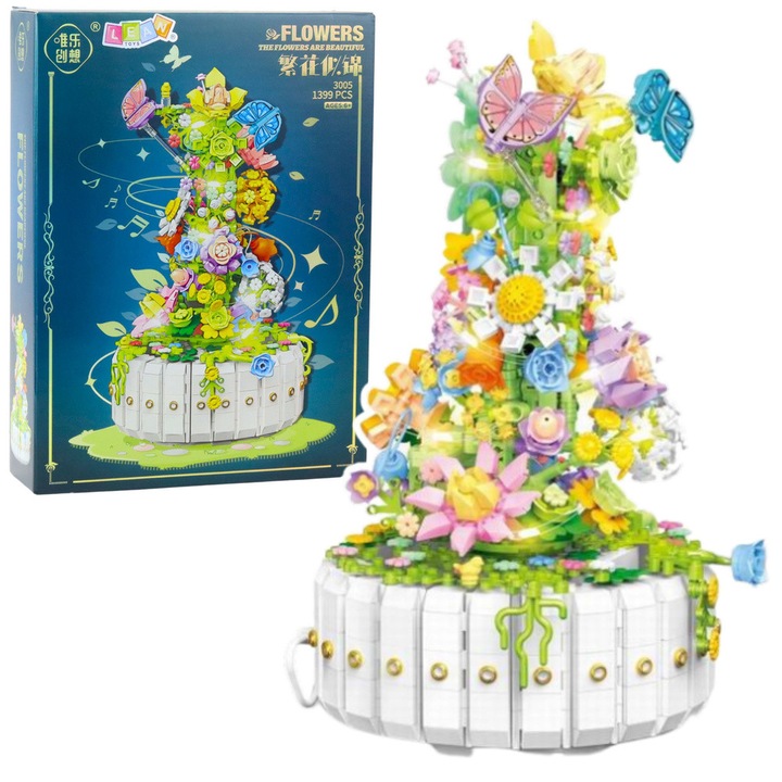 Set de constructie, LEAN Toys, compozitie florala cu fluturi, iluminare LED, 1399 elemente, 29,5x22,7x17,2cm
