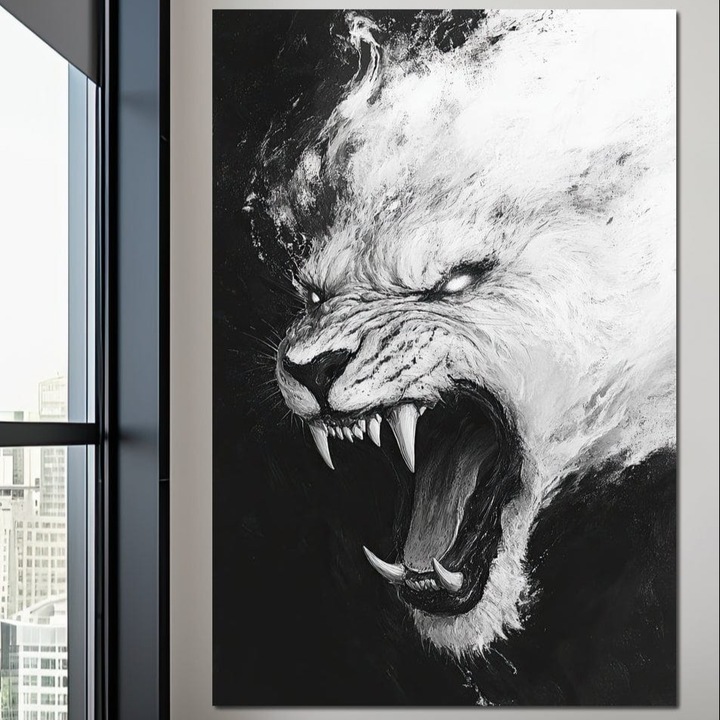 Tablou Canvas Premium, LuxCanva® M1445, Strigoiul Alb, 40 X 60 CM, Panza Bumbac 100% 400g/m2, Sasiu Lemn, Tigru, Felina, Raget, Fantoma, Alb si Negru, Fioros, Spirit, Pictura, Furie, Birou, Living, Camera Copil