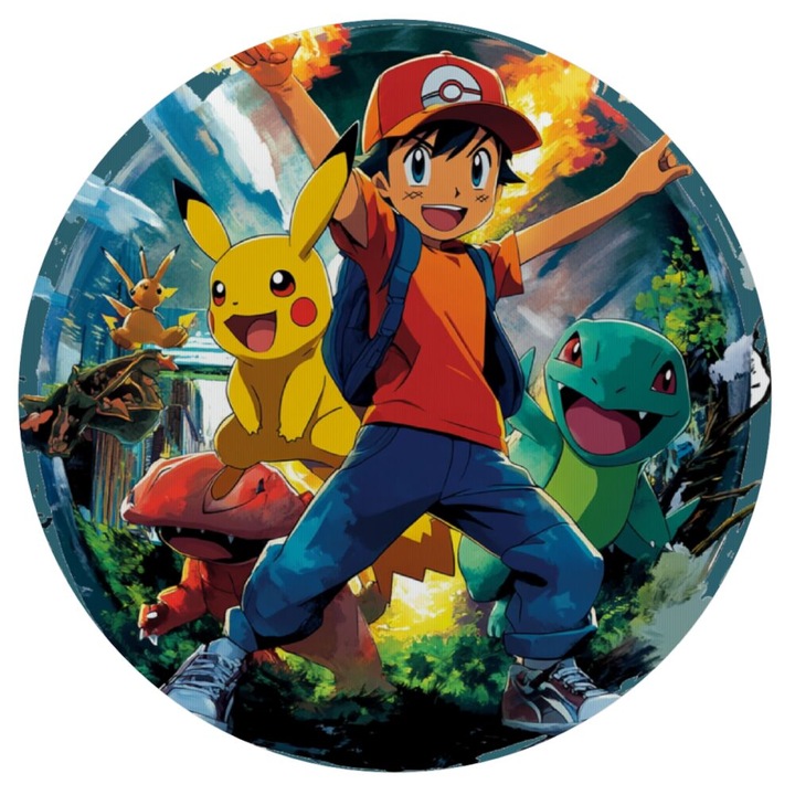 Mousepad rotund Ash Ketchum & Pikachu, 20cm, 3mm grosime, material silicon, antiderapant