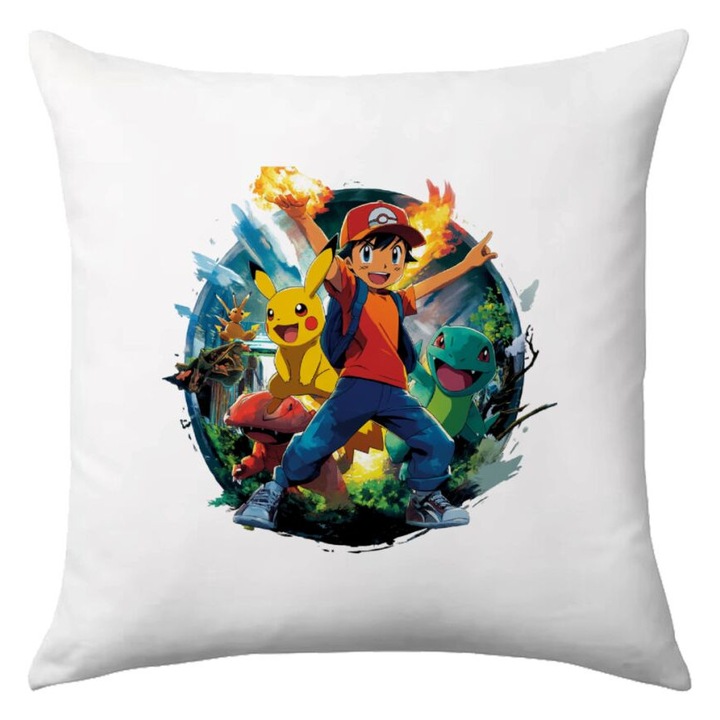 Perna decorativa Ash Ketchum & Pikachu, 40x40cm, multicolor, cu umplutura inclusa