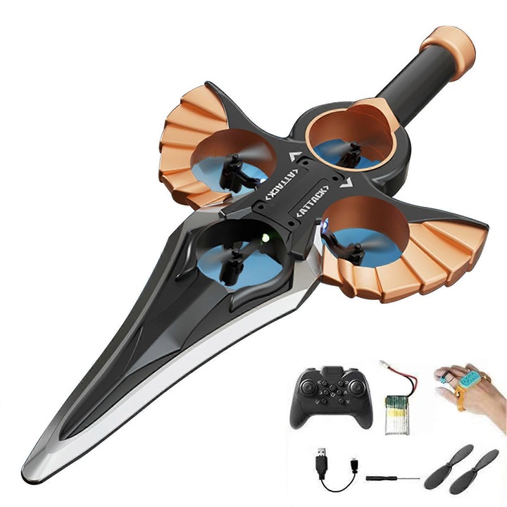 Set elicopter cu telecomanda, zmeu zburator, manevre 360°, LED-uri, 18x37.5x4cm, negru-bronz