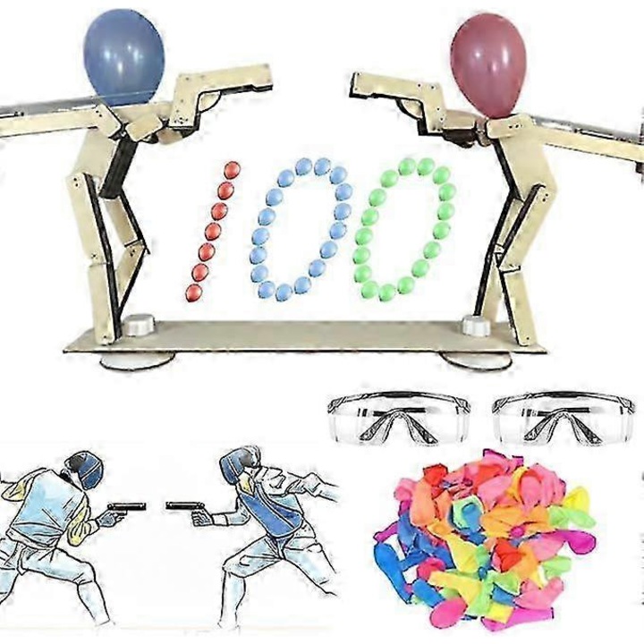 Társasjáték, Headshot WoodBots, 2 darabos készlet, fából készült babajáték, léggömbcsaták, 2025, 10x10cm