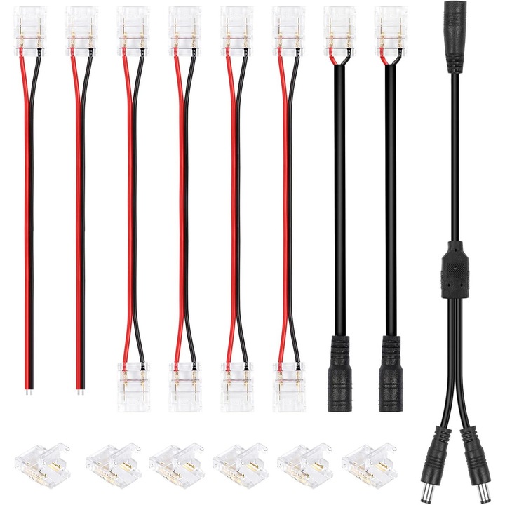 Комплект LED конектори 2Pin 10mm, YWD-FMM, 6 безшевни конектора, 4 джъмпер конектора, 2 DC конектора, 2 pigtail конектора, 1 DC сплитер 2 посоки