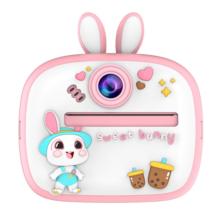 Gyerek instant fényképezőgép, 24MP, nyuszi alakú, 32 GB memóriakártya, USB kártyaolvasó, 2 "4" HD képernyő, 1080P HD, azonnali nyomtatás, fotó és videó, 1300mAh akkumulátor, USB-n újratölthető, rózsaszín