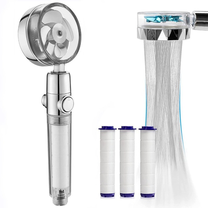 Душова глава, ZOUN, с усилвател на налягането, с 3 сменяеми филтърни патрона с активен въглен, неръждаема стомана 304, универсална връзка, сребриста