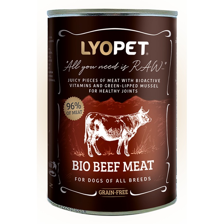 Hrana umeda pentru caini LYOPET Super Premium, Carne de Vita BIO, 400g