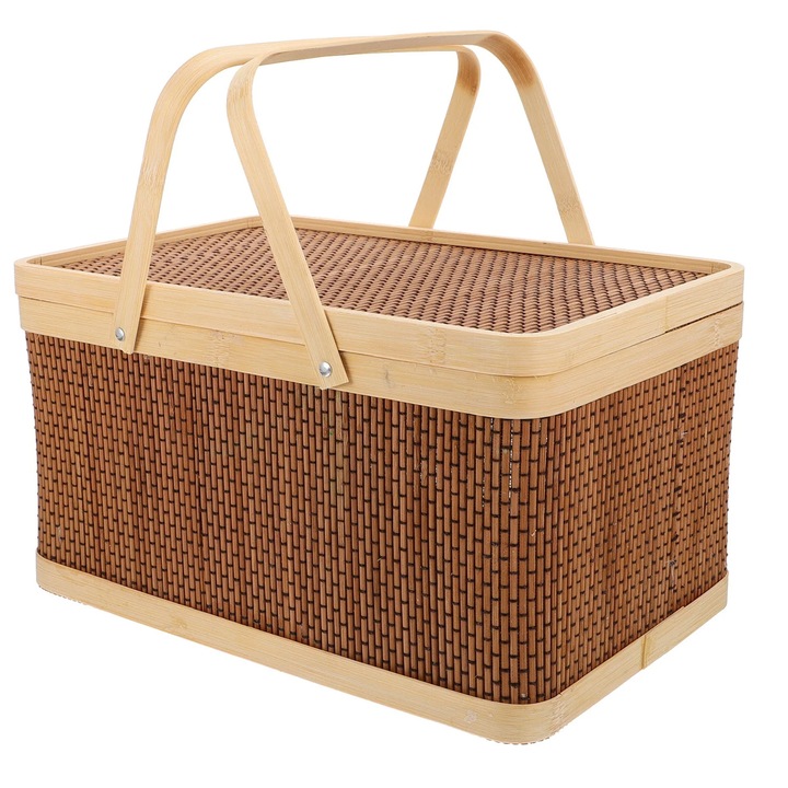 Bambusz piknik kosár, összecsukható fogantyúval, barna, 30x20x15cm