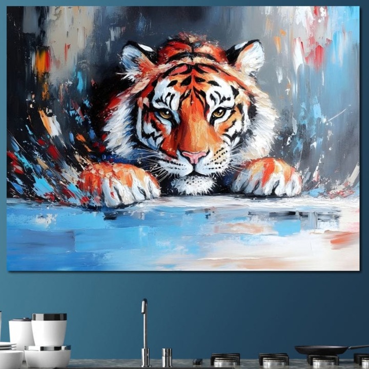 Tablou Canvas Premium, LuxCanva® M1446, Putere si Inocenta, 45 X 60 CM, Panza Bumbac 100% 400g/m2, Sasiu Lemn, Animal, Salbatic, Tigru, Privire, Exotic, Blanos, Jungla, Felina, Birou, Living, Camera Copil