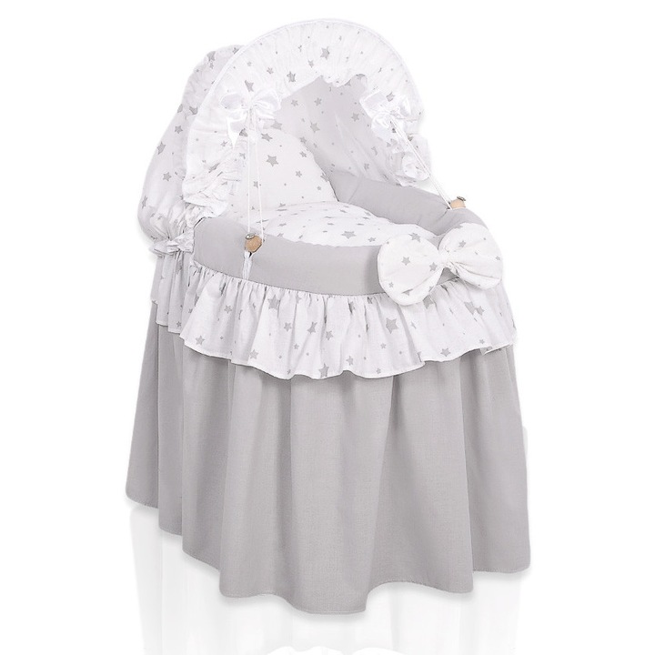 Carucior pentru papusi, My Sweet Baby, cos Moise, 100% bumbac, 50x32x69cm, gri, cu perna si patura