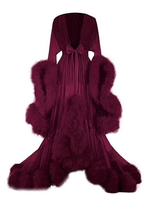 Rochie maxi de noapte, cu decolteu in V, poliester, rosu vin, M INTL