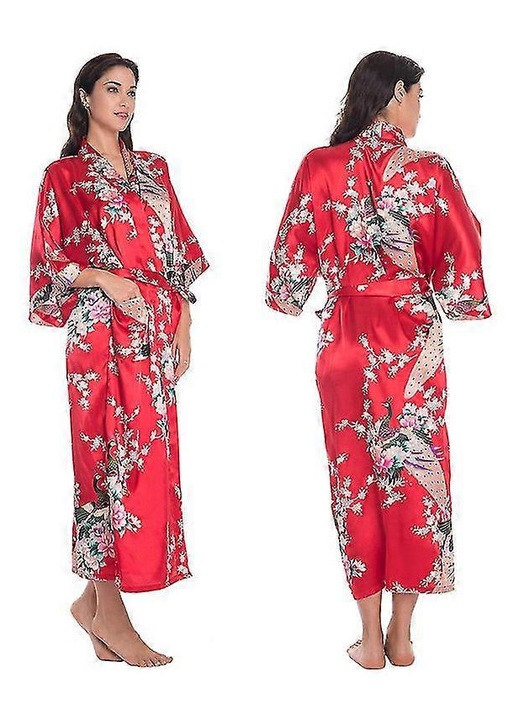 Halat de baie, kimono, floral, rosu, satin, cu cordon, buzunare, 3XL INTL