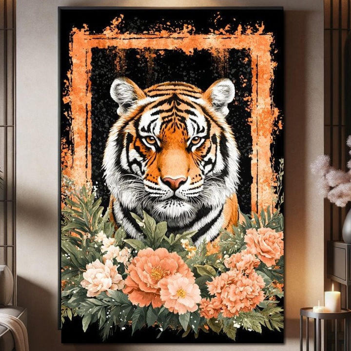 Tablou Canvas Premium, LuxCanva® M1447, Gradina Regelui, 70 X 100 CM, Panza Bumbac 100% 400g/m2, Sasiu Lemn, Tigru, Petale, Natura, Paradis, Exotic, Abstract, Flori, Jungla, Pictura, Salbatic, Birou, Living, Camera Copil