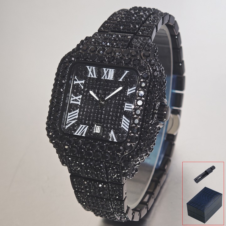 Ceas pentru Barbati, Lux, Forma Patrata, Cuart, Acoperit cu Diamante, Rezistent la Apa 30M, Negru, 44mm, Stil Hip Hop