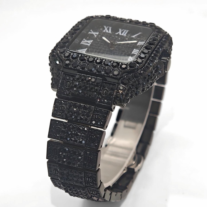 Мъжки часовник, луксозен, квадратна форма, кварцов, инкрустиран с диаманти, водоустойчив 30M, черен, 44 мм, хип-хоп стил