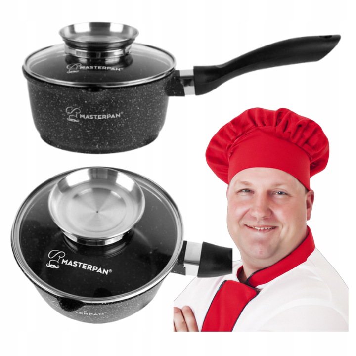 Алуминиева тенджера 16 см, черна с бели точки, 1,3 л, незалепваща, със стъклен капак, комплект