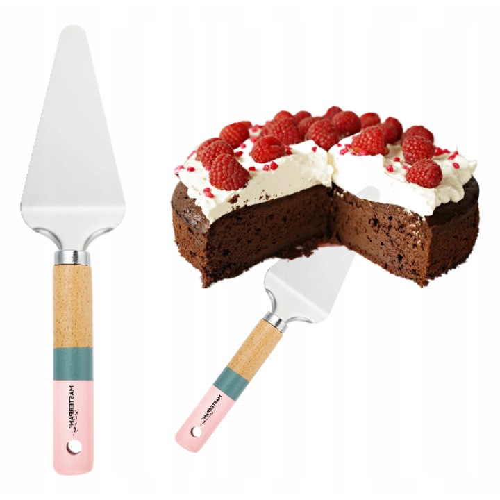 Spatula de tort Masterpan, cu maner din lemn, roz si albastru