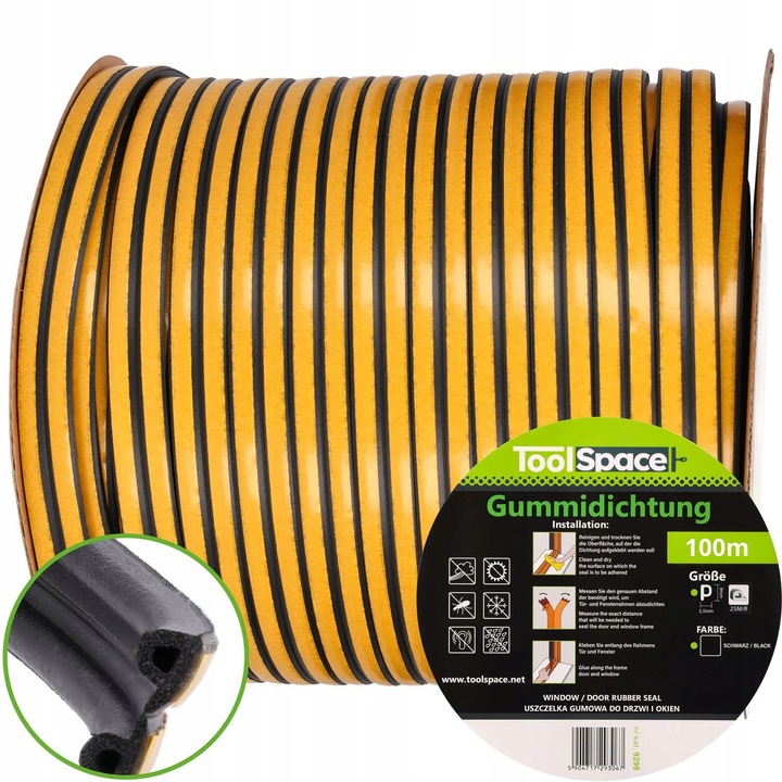 Banda etansare autoadeziva pentru feronerie, ToolSpace, tip P, 100m, neagra, pentru fisuri de 2-5mm