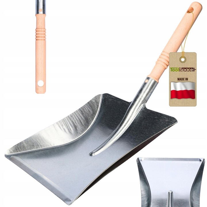 Szufelca metalica de gunoi, ToolSpace, ocynkata, cu maner din lemn, 23,5x21cm