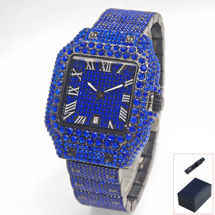 Часовник за мъже, луксозен, квадратна форма, кварцов, покрит с диаманти, водоустойчив 30M, син, хип-хоп стил