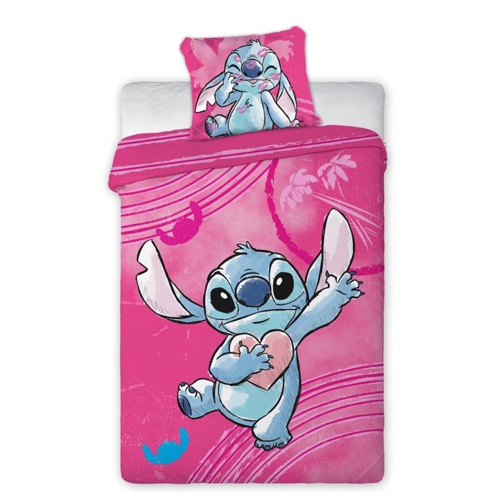 Ágynemű garnitúra 160x200cm + 1x70x80cm Lilo és Stitch, pamut, rózsaszín