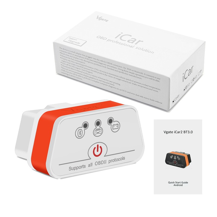 Диагностичен инструмент за автомобили, Vgate iCar 2 BT3.0 OBD2 адаптер, за Windows PC и Android, бяло-оранжев