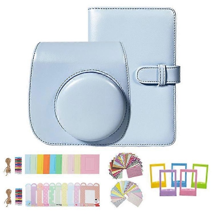 Set accesorii pentru camera instant Fujifilm Instax Mini 12/11/9/8, geanta din piele PU, autocolante, rame de birou, albastru