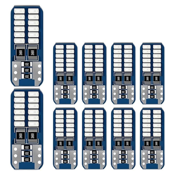 Set 10 buc LED T10 24smd 4014 Bec pentru iluminat interior masini, Rqiurpn, 2.5 W, 6000 K, portbagaj, numar de inmatriculare, Multicolor