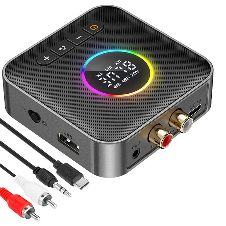 Rqiurpn 3 az 1-ben Bluetooth 5.4 audio adapter, FM átvitel, LED kijelző, 3.5mm AUX, USB, autós audió rendszerhez