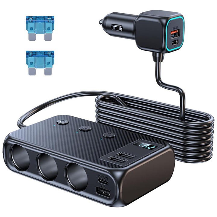 Adaptor Priza Auto, Rqiurpn, 9 in 1, 3 Prize Bricheta, 2 Type-C PD, 4 USB, incarcare rapida, 12V/24V, 171 W, cu Afisaj de Tensiune, Intrerupatoare Individuale si Protectie la Suprasarcina, 1m, Negru