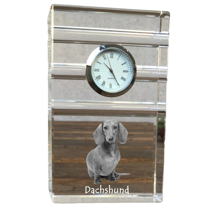Ceas decorativ Art-Dog, cristal, fotografie rasa de catel, 14,5x6,5x4cm, Transparent
