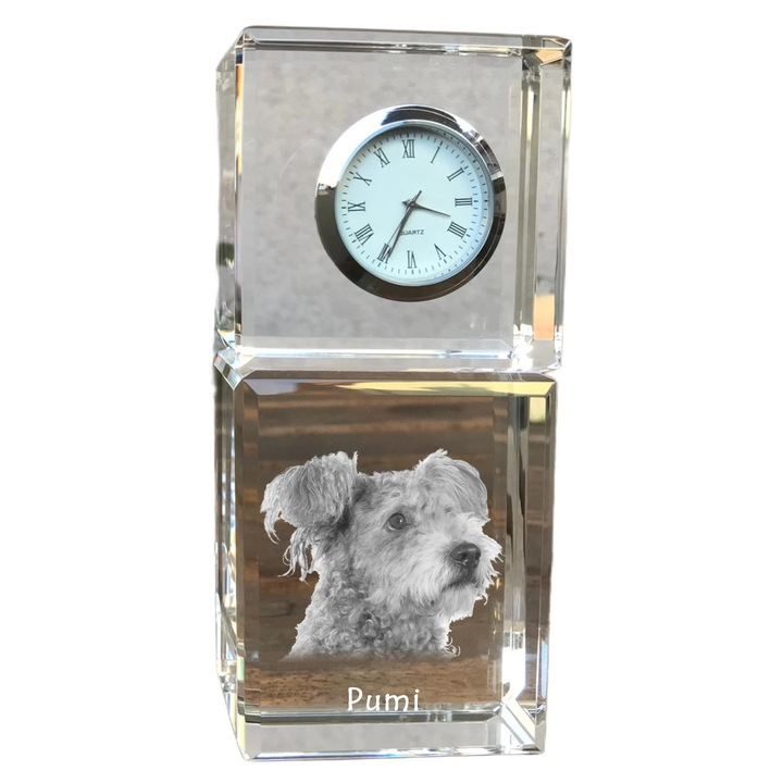 Ceas decorativ Art-Dog, cristal, fotografie rasa de catel, 14,5x6,5x4cm, Transparent